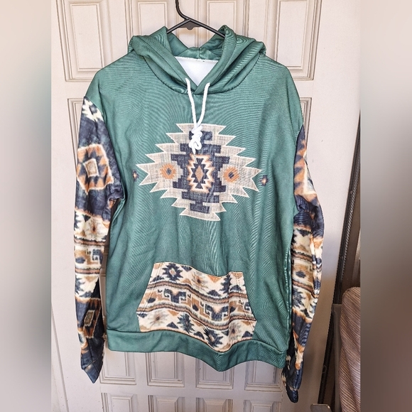 Tops - SW Print Hoodie Shiny Knit Drawstring SzXL? Long Sleeves NEw Without Tags